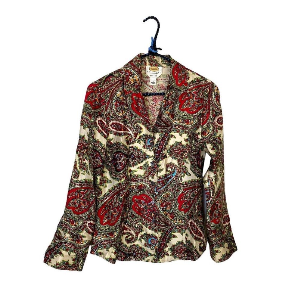 Vintage Talbots 100% Silk Red Blue Paisley Print Twill Button Blouse Top Size 4